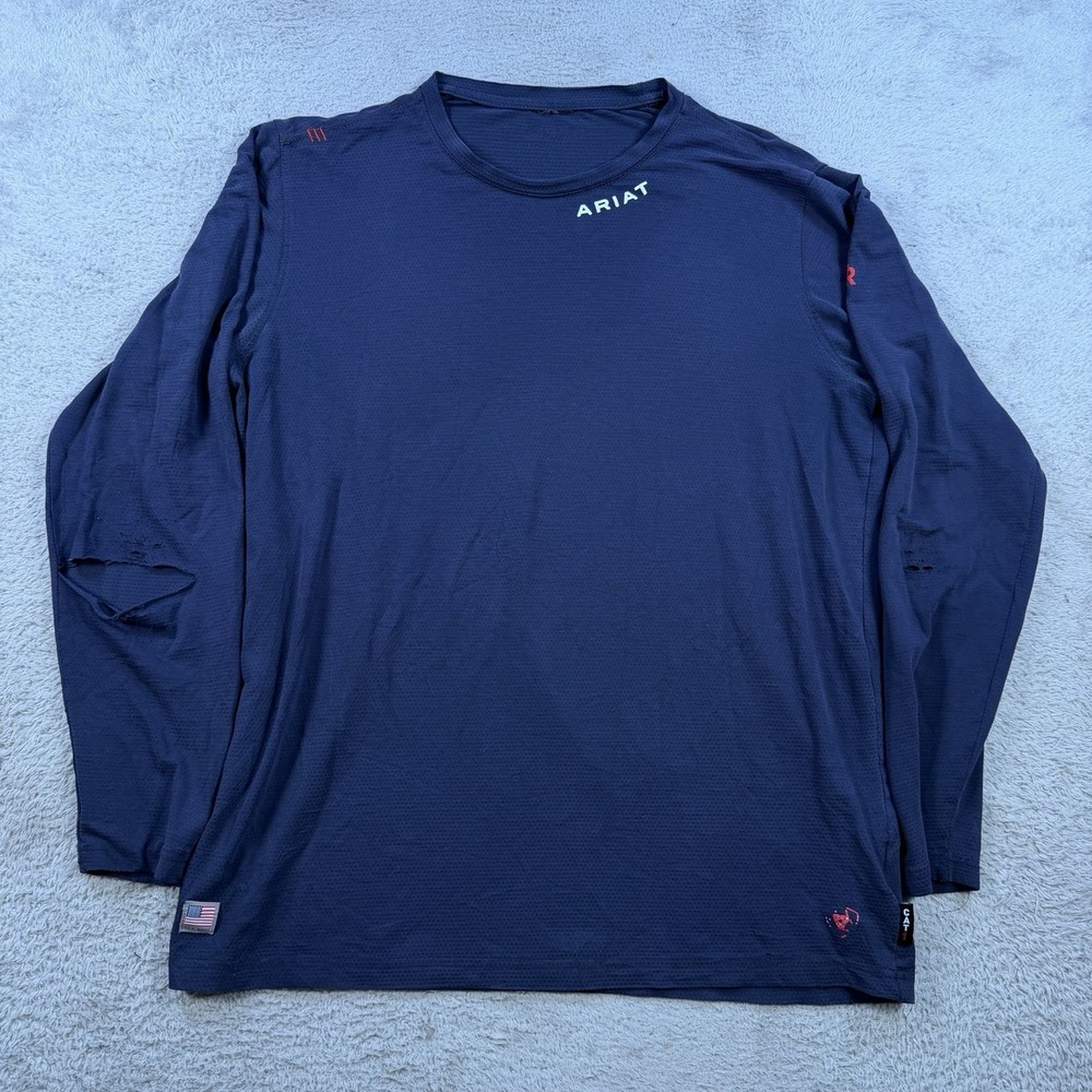 Ariat FR T-Shirt Mens Large Navy Stretch Performance Long Sleeve Active READ*